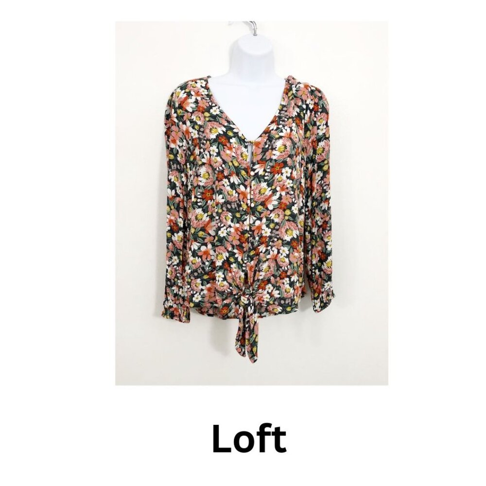 Loft Women Floral Loop Button Tie Front  Boho Peasant Blouse Top Size S